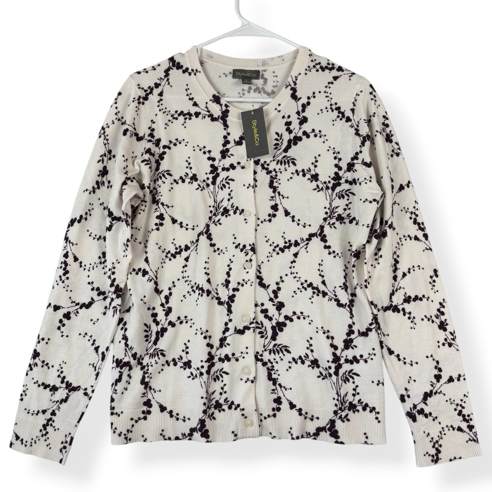 Style & Co Button Front Cardigan Womens M Medium Berry Fresh All Over Print NWT